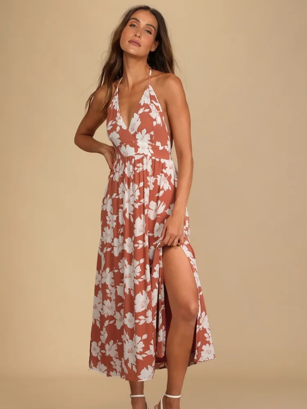 Lulus Follow the Summer Orange Floral Halter Midi Dress Small